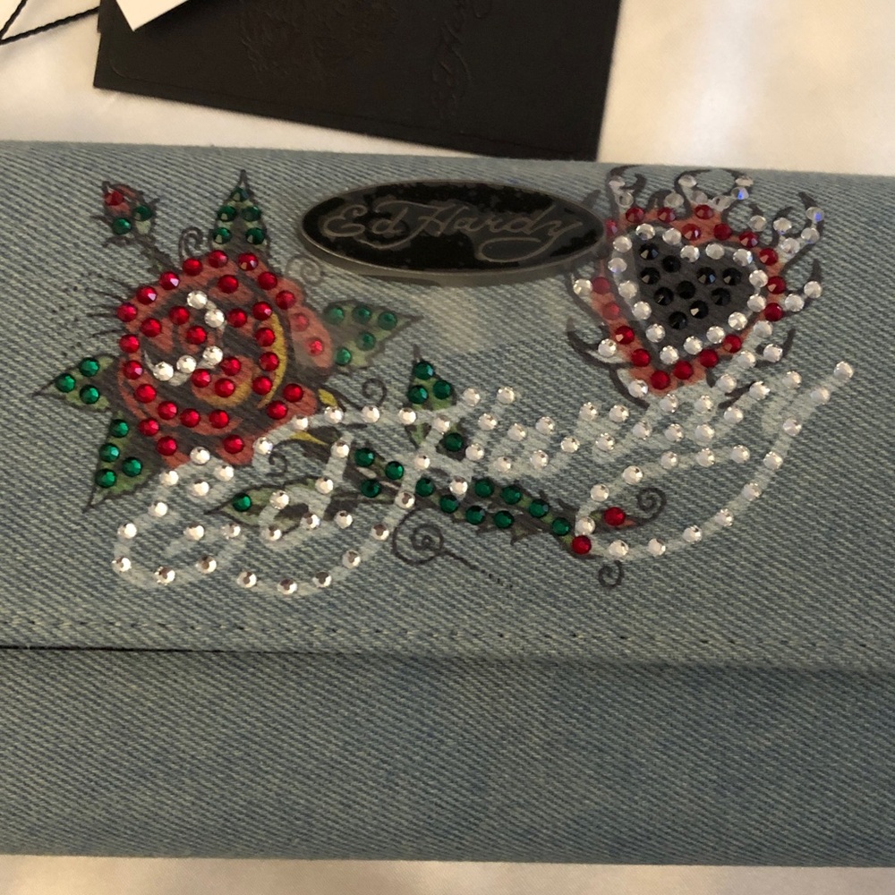 Ed Hardy Denim Blue Flap Wallet Rose & Flaming Heart Rhinestone Accents NWT - Picture 16 of 16